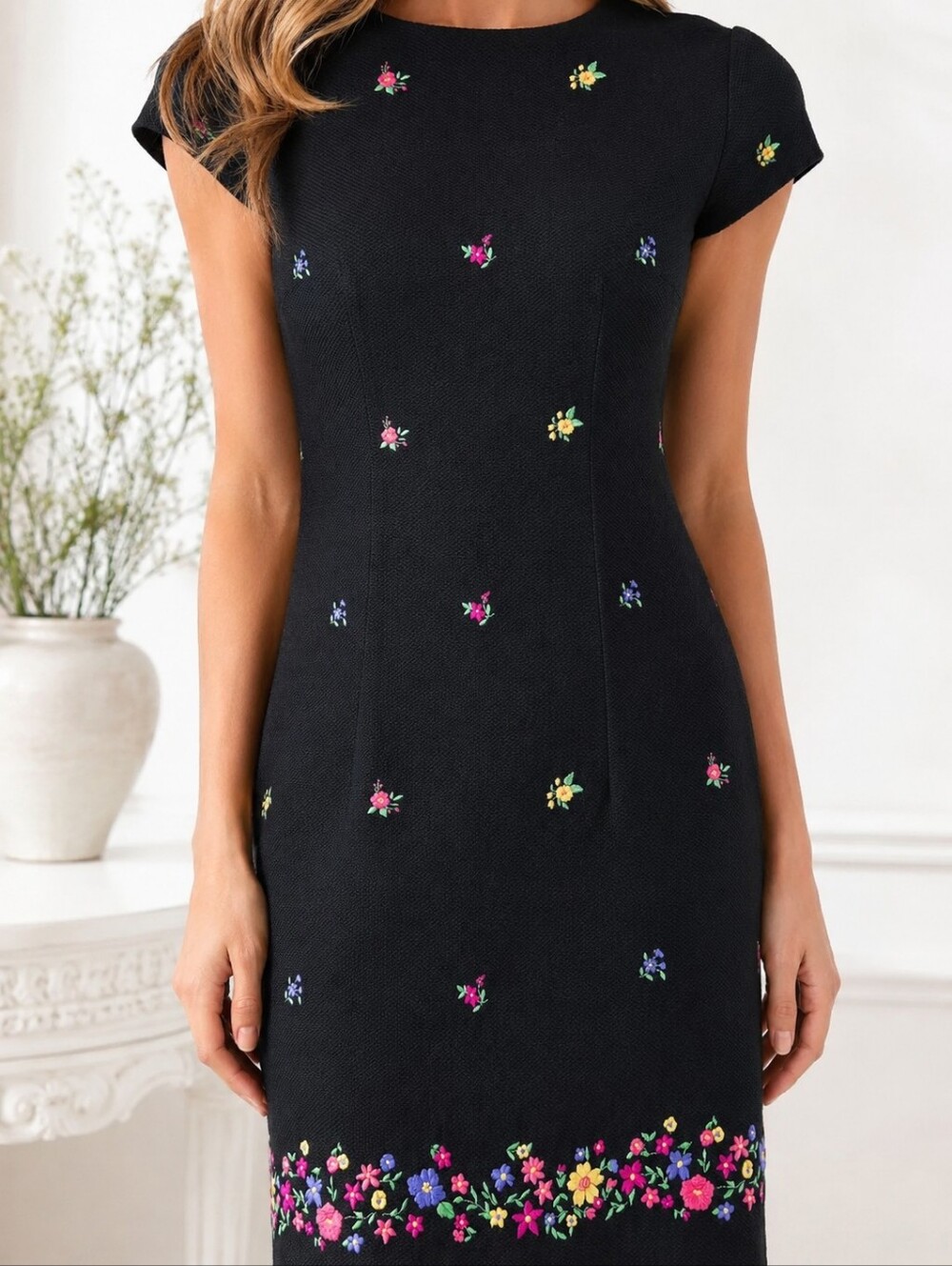 Talbots Petites 100% Cotton 8 Black Cotton Embroidered Floral Sheath Dress